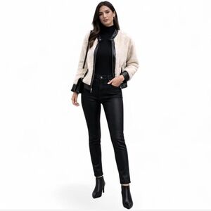 Cream Faux Fur Bomber Jacket w/Black Faux Leather Trim